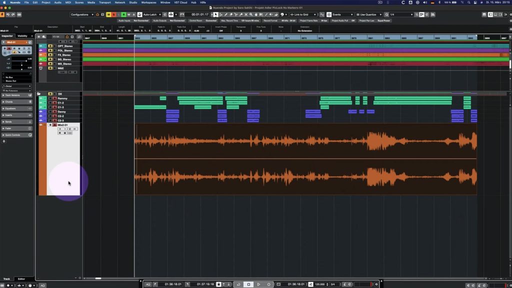 Steinberg Nuendo digital audio workstation interface displaying an active multitrack project timeline with waveforms and colored audio tracks