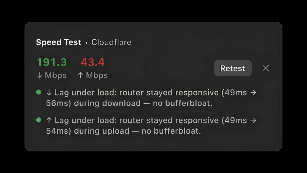 Cloudflare Speed Test window displaying download and upload speeds with bufferbloat and lag metrics on macOS