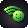 WhyFi application logo icon featuring a green Wi-Fi signal graphic paired with a smiling face on a dark background