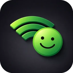 WhyFi application logo icon featuring a green Wi-Fi signal graphic paired with a smiling face on a dark background